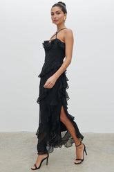 Cross Cami Asymmetric Ruffle Birthday Party Maxi Dresses-Black Pre Order